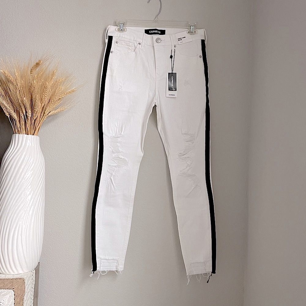 Express Women’s White Distressed Skinny Jeans with Black Stripes - Size 0